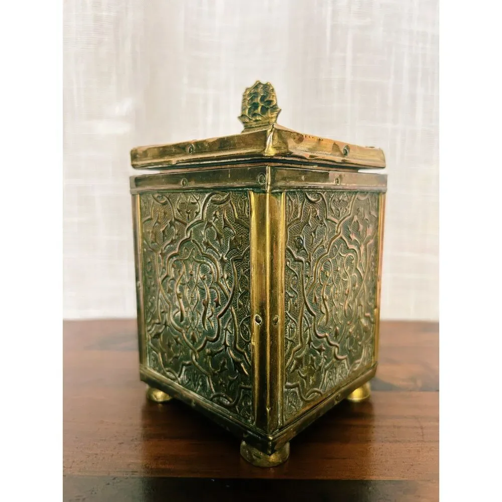 Antique Embossed Brass HMS Victory Maritime Tea Caddy / Tobacco Box